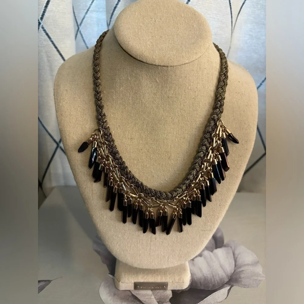 Stella & Dot Bronze/Rose Gold Bora Fringe Hand Braided Statement Necklace 17”+